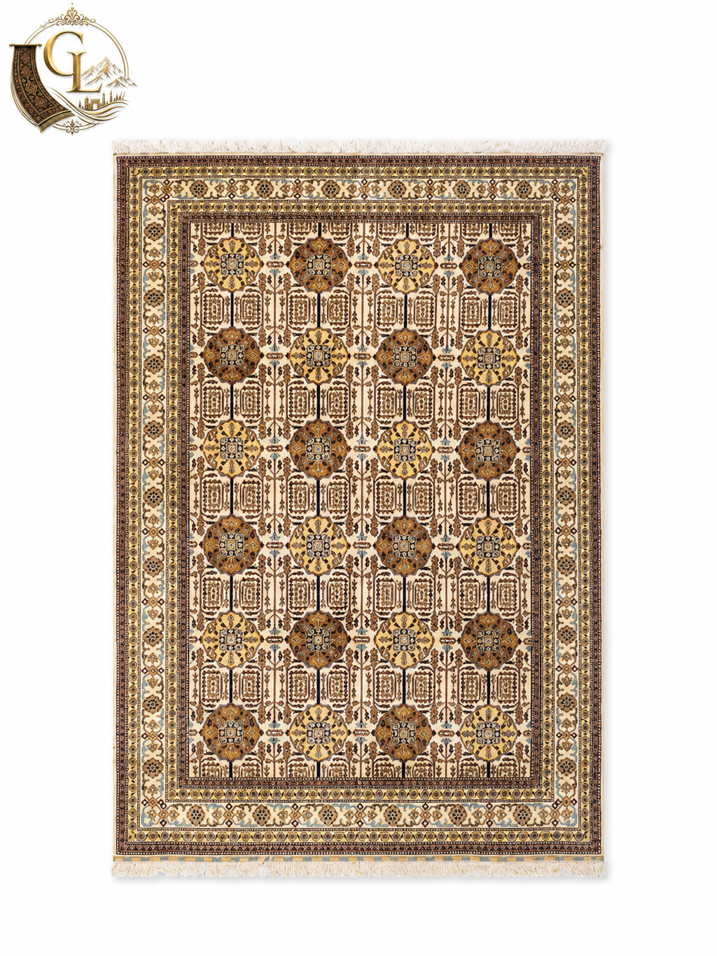 Full top-down view of Belzhiki Gandumak hand-knotted Afghan carpet from Sheberghan, Afghanistan – ivory field with repeating chocolate brown geometric medallions, antique gold floral motifs, multi-border frame with sage green and slate blue accents, white fringe, 40×40 knots per 10cm