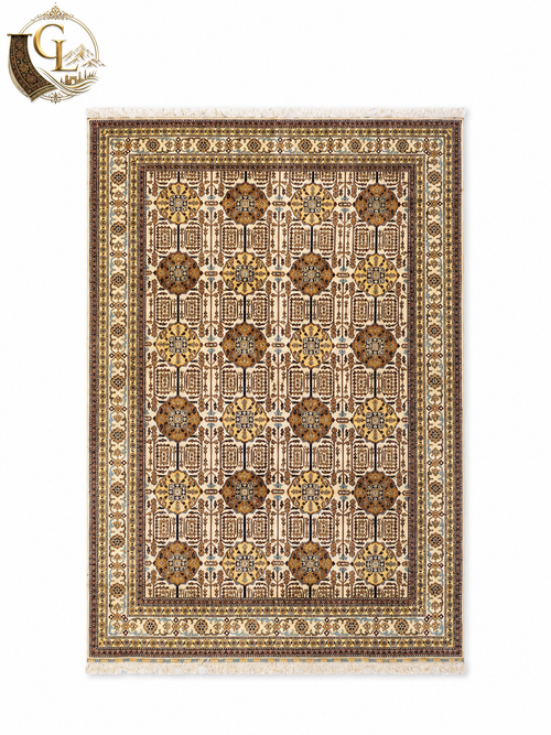 Full top-down view of Belzhiki Gandumak hand-knotted Afghan carpet from Sheberghan, Afghanistan – ivory field with repeating chocolate brown geometric medallions, antique gold floral motifs, multi-border frame with sage green and slate blue accents, white fringe, 40×40 knots per 10cm