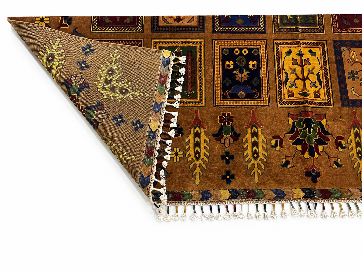Folded corner of Belzhiki Afghan carpet showing reverse side and hand-finished fringe – dense Turkman wool weave, 40x40 knots per 10cm, handmade in Mazar-e-Sharif, Afghanistan by Golden Loom
