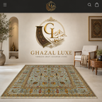 Chobi Sultani Diamond hand-knotted Afghan carpet 248x281cm displayed in luxury showroom, sage blue-grey with multicolor botanical motifs, Golden Loom Afghanistan