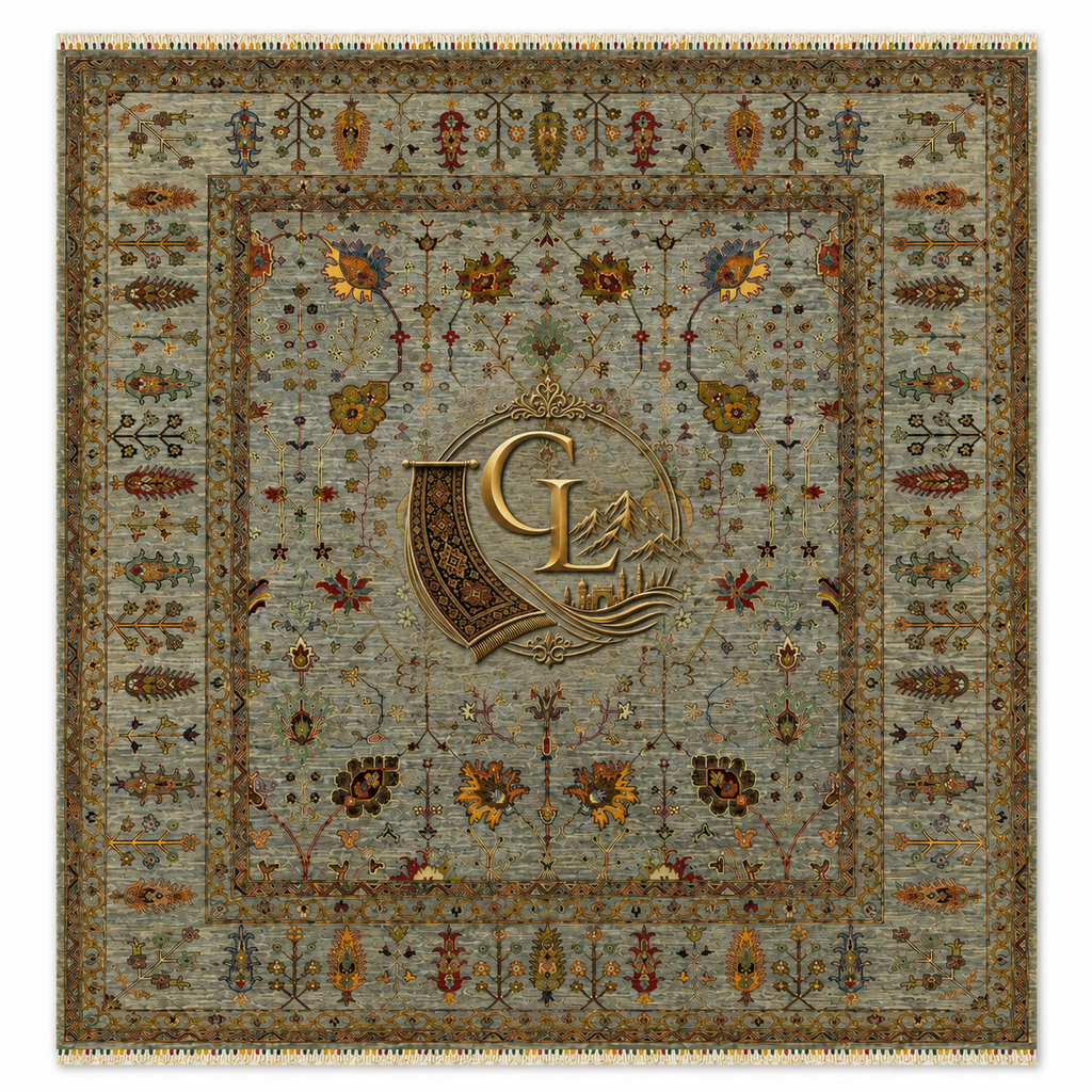 Chobi Sultani Diamond hand-knotted Afghan carpet 248x281cm, sage blue-grey field with saffron, crimson and olive botanical motifs, Golden Loom Afghanistan