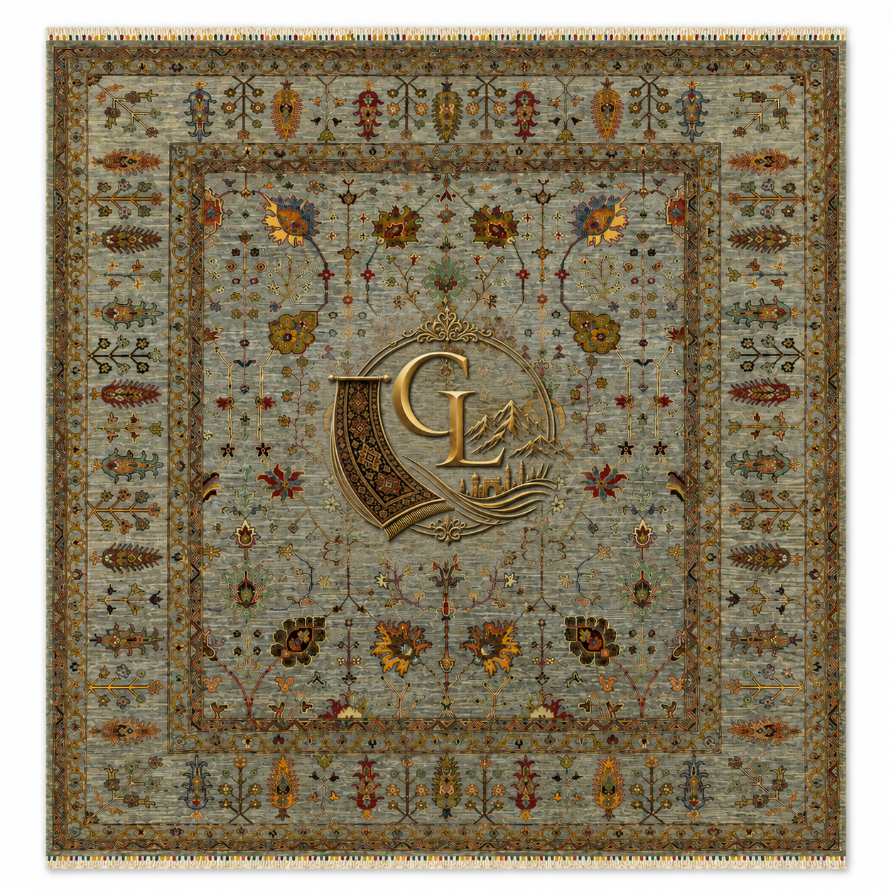 Chobi Sultani Diamond hand-knotted Afghan carpet 248x281cm, sage blue-grey field with saffron, crimson and olive botanical motifs, Golden Loom Afghanistan