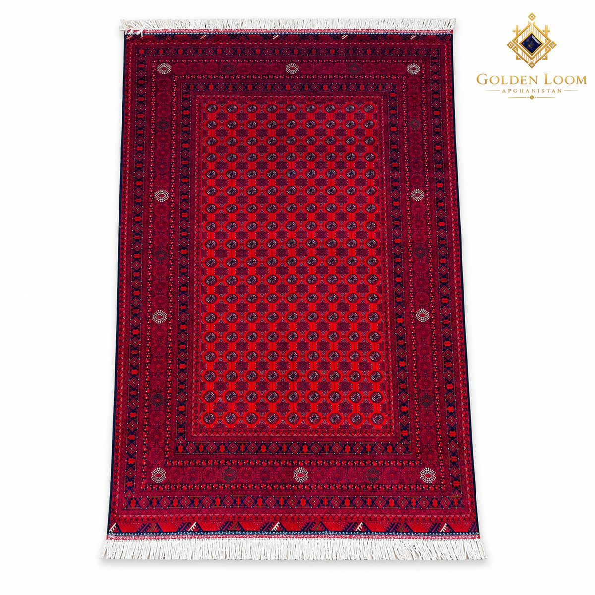 Red hand-knotted Afghan wool carpet with geometric motifs and white fringes