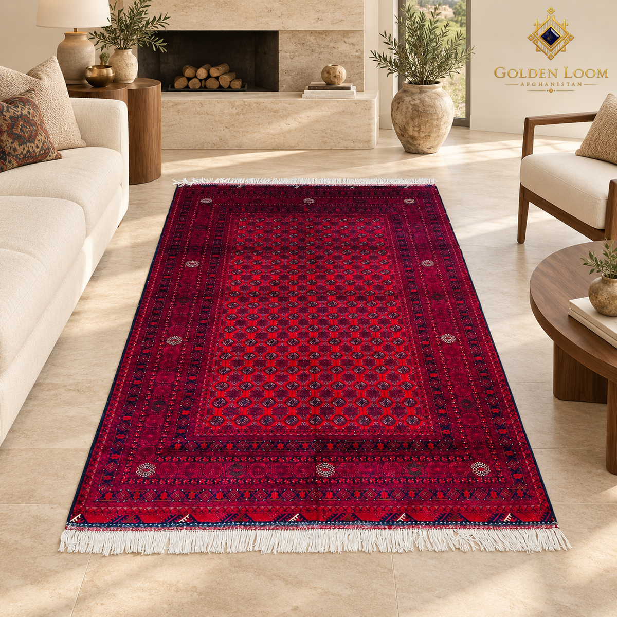 Red hand-knotted Afghan wool carpet displayed between cream sofas in a luxury salon