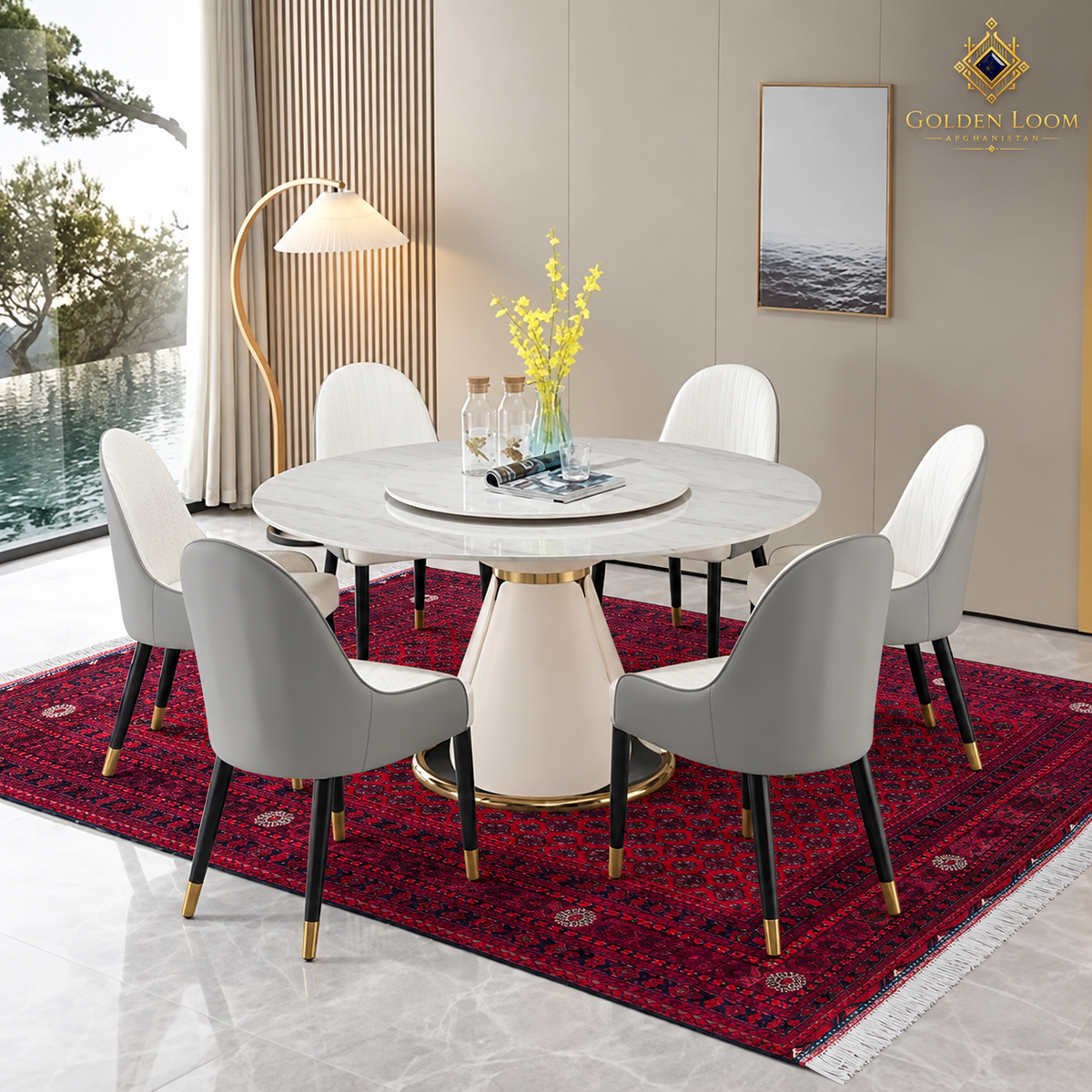 Red hand-knotted Afghan wool carpet beneath a round table in a modern dining room