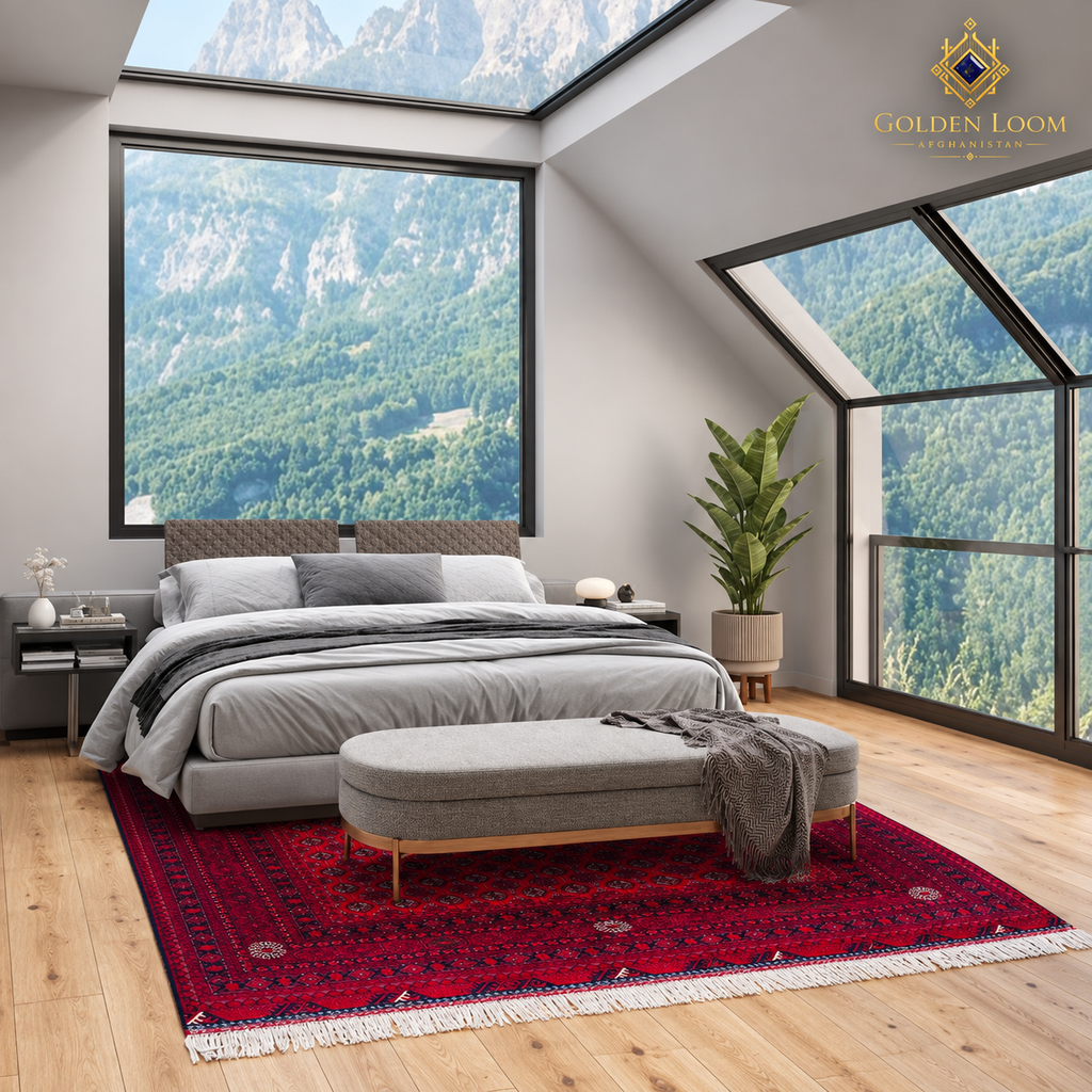 Red hand-knotted Afghan wool carpet in a luxury mountain-view bedroom
