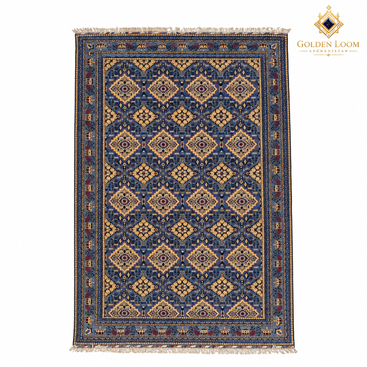 Top view of a blue hand-knotted Afghan wool carpet with gold geometric motifs and fringed ends on a white background.