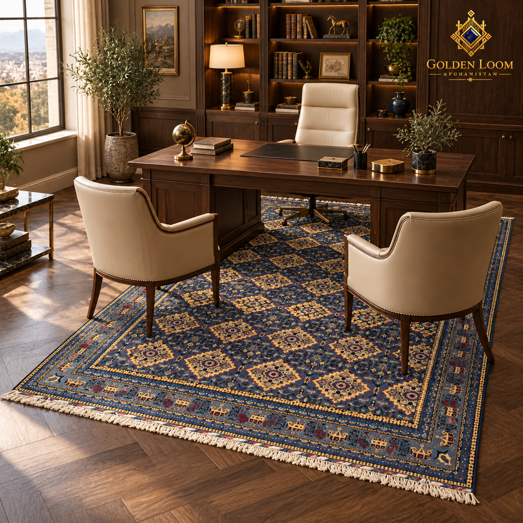 Blue hand-knotted Afghan wool carpet styled beneath a wooden desk and chairs in a luxury executive office.
