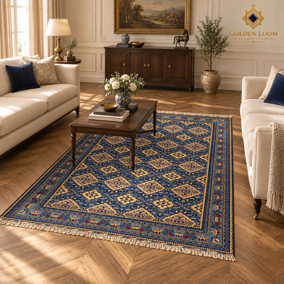 Blue hand-knotted Afghan wool carpet styled beneath a glass coffee table in a contemporary luxury living room.