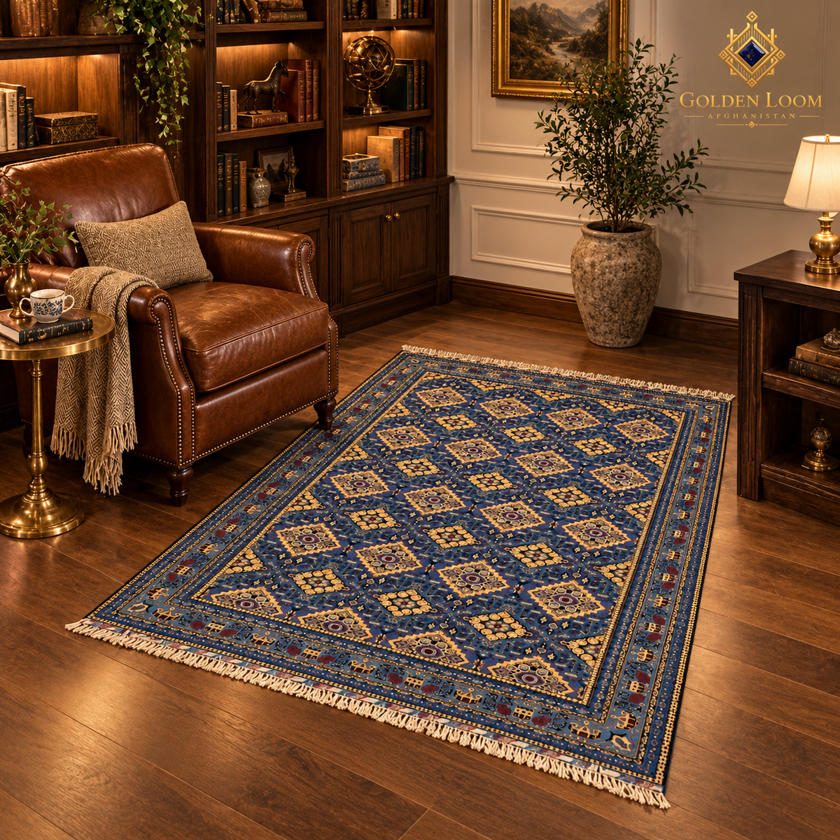 Blue geometric Afghan wool carpet displayed beside a leather armchair in a warmly lit luxury library.