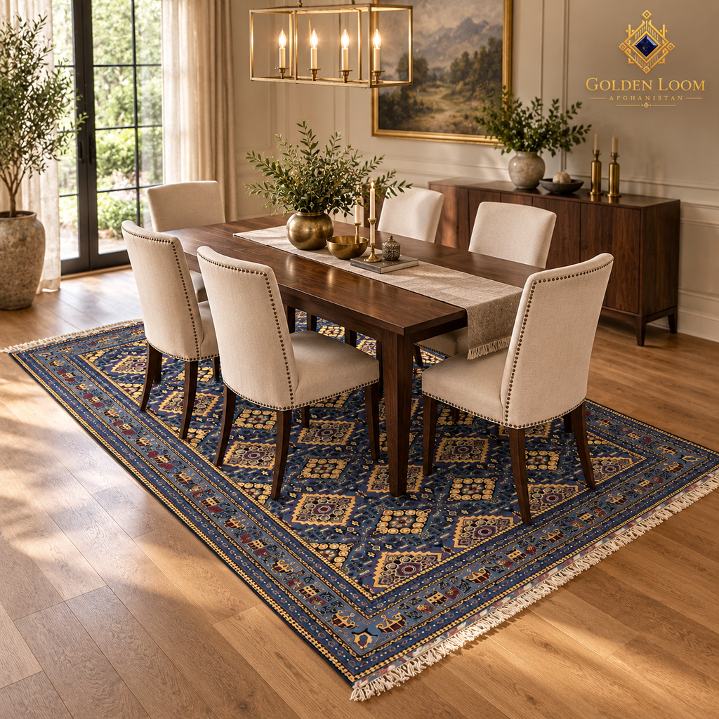 Blue hand-knotted Afghan wool carpet placed beneath a wooden dining table in a refined dining room.
