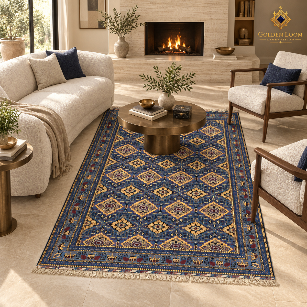 Blue geometric Afghan wool carpet displayed beside cream seating and a fireplace in an elegant lounge.