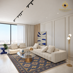 Blue hand-knotted Afghan wool carpet styled between cream sofas in an elegant traditional living room.