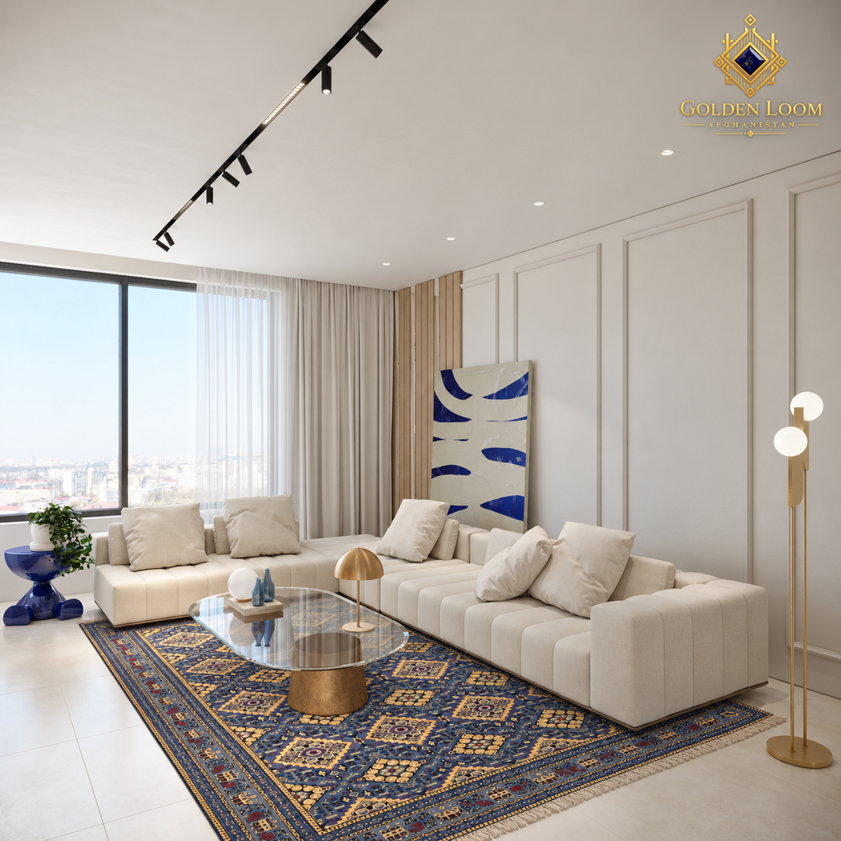 Blue hand-knotted Afghan wool carpet styled between cream sofas in an elegant traditional living room.