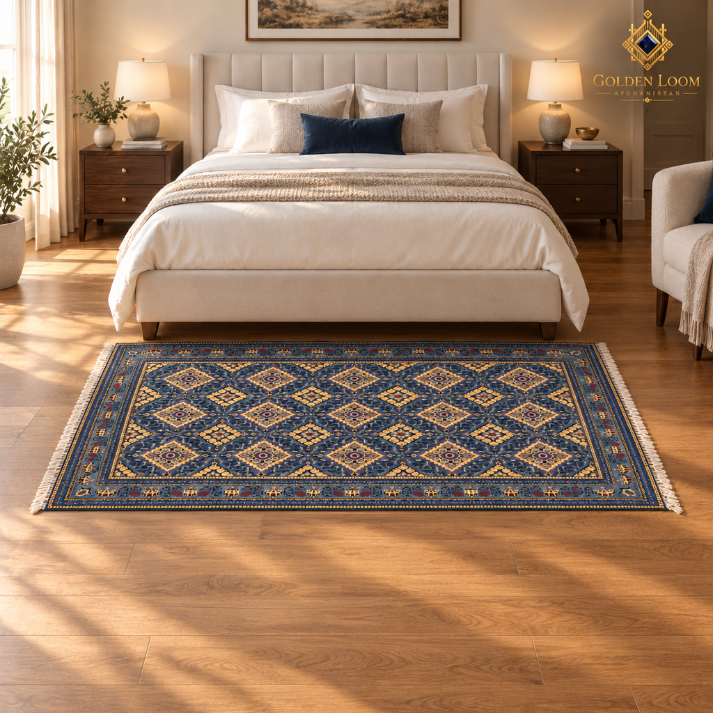 Blue hand-knotted Afghan wool carpet with geometric motifs displayed across the foot of a luxury bedroom.