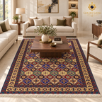 Multi-colour geometric Afghan wool carpet styled beneath a walnut coffee table in a luxury contemporary living room.