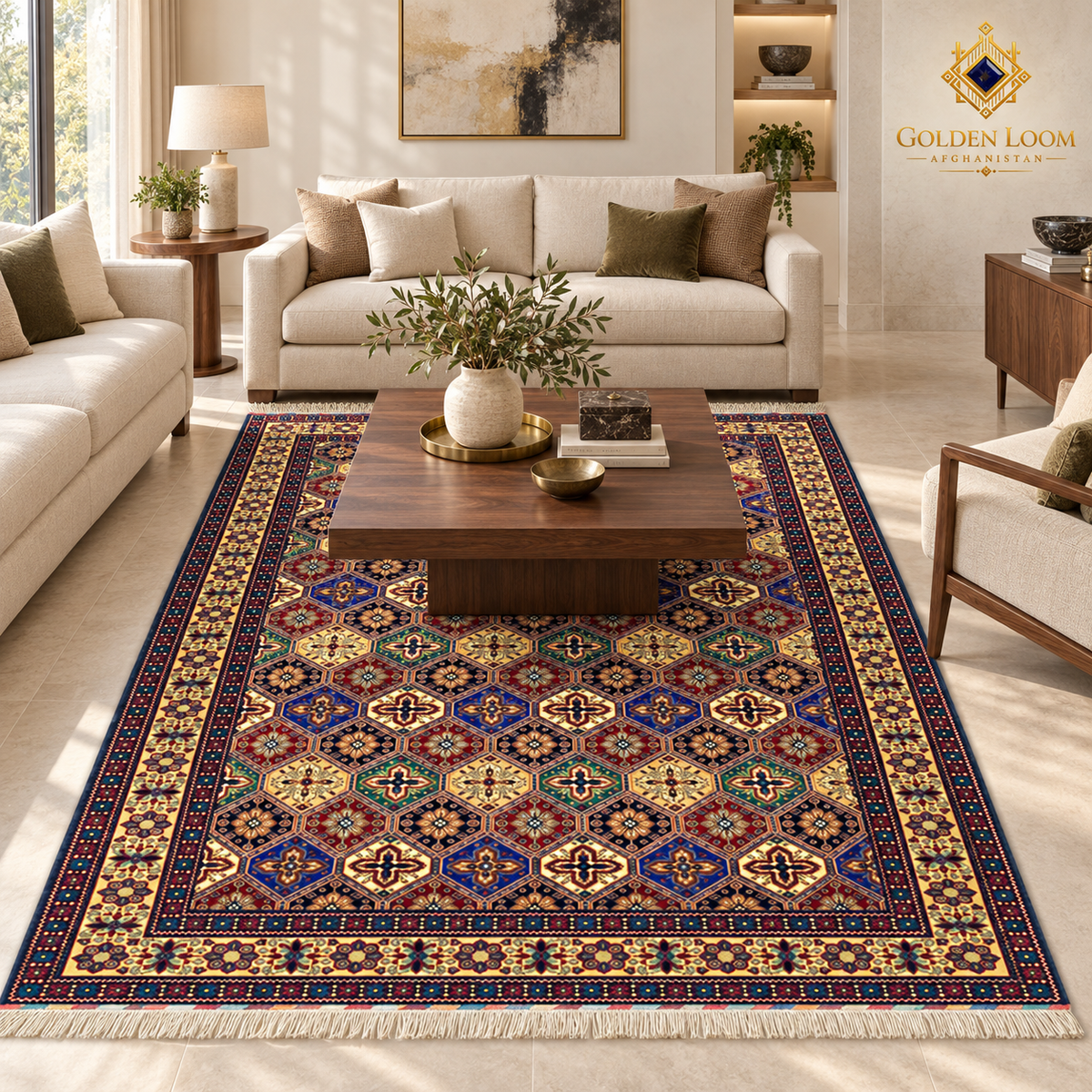 Multi-colour geometric Afghan wool carpet styled beneath a walnut coffee table in a luxury contemporary living room.