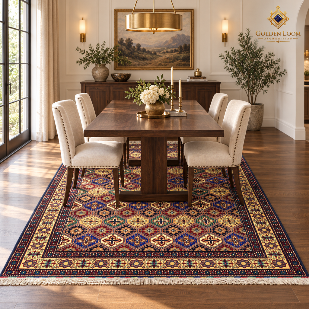 Hand-knotted Afghan wool carpet with colorfull diamond motifs displayed beneath an elegant walnut dining table.