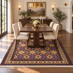 Hand-knotted Afghan wool carpet with colorfull diamond motifs displayed beneath an elegant walnut dining table.