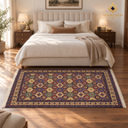 Multicolored geometric Afghan wool carpet positioned across the foot of a cream upholstered bed in a luxury bedroom.