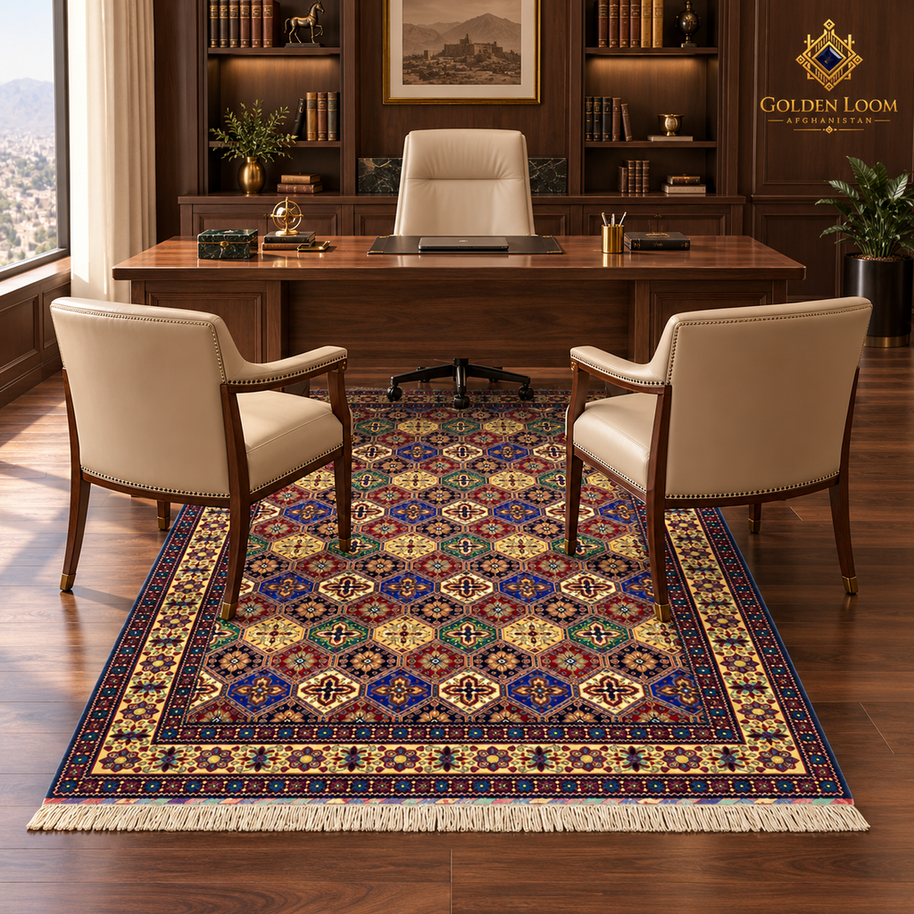 Hand-knotted Afghan wool carpet displayed beneath a walnut desk and cream chairs in a refined executive office.