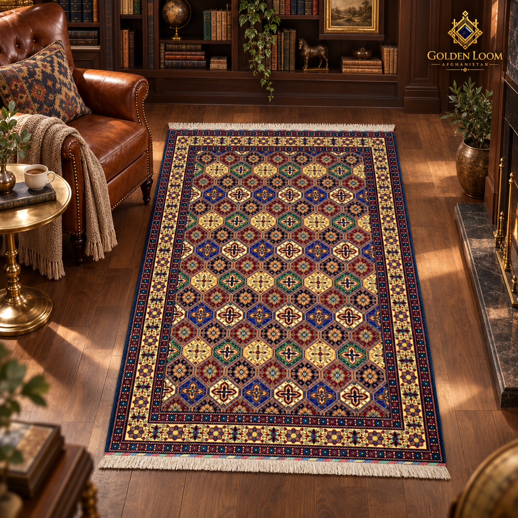 Multicolored Afghan wool carpet with diamond motifs displayed in a warmly lit collector’s library.