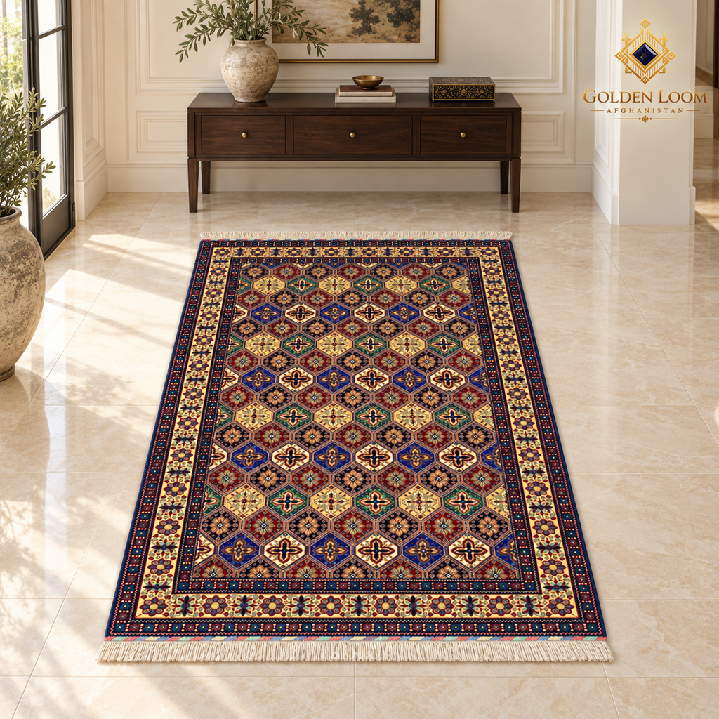 Geometric hand-knotted Afghan wool carpet centered in an elegant entryway with a walnut console table.