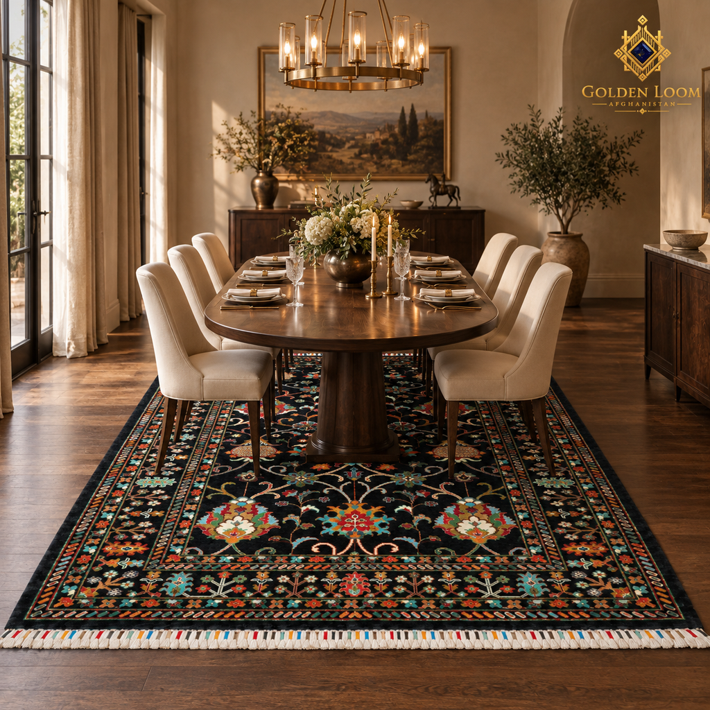 Black floral Afghan wool carpet beneath a walnut dining table in an elegant luxury dining room