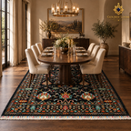 Black floral Afghan wool carpet beneath a walnut dining table in an elegant luxury dining room