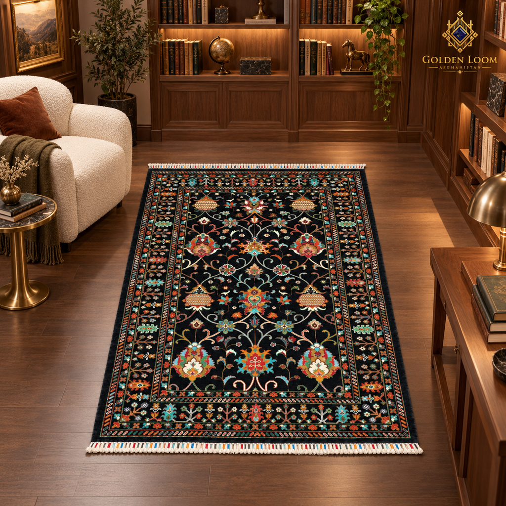 Black floral Afghan wool carpet displayed in a warm walnut collector’s library and reading room