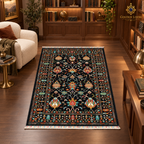 Black floral Afghan wool carpet displayed in a warm walnut collector’s library and reading room