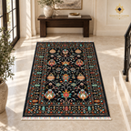 Black floral Afghan wool carpet styled in a refined luxury entryway with an ivory stone floor