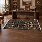 Black floral Afghan wool carpet positioned horizontally beside a walnut desk in a luxury executive office