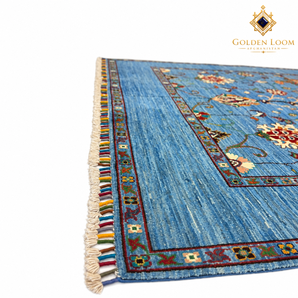 Angled view of Carpet with color and fringe showing the corner of the carpet. 