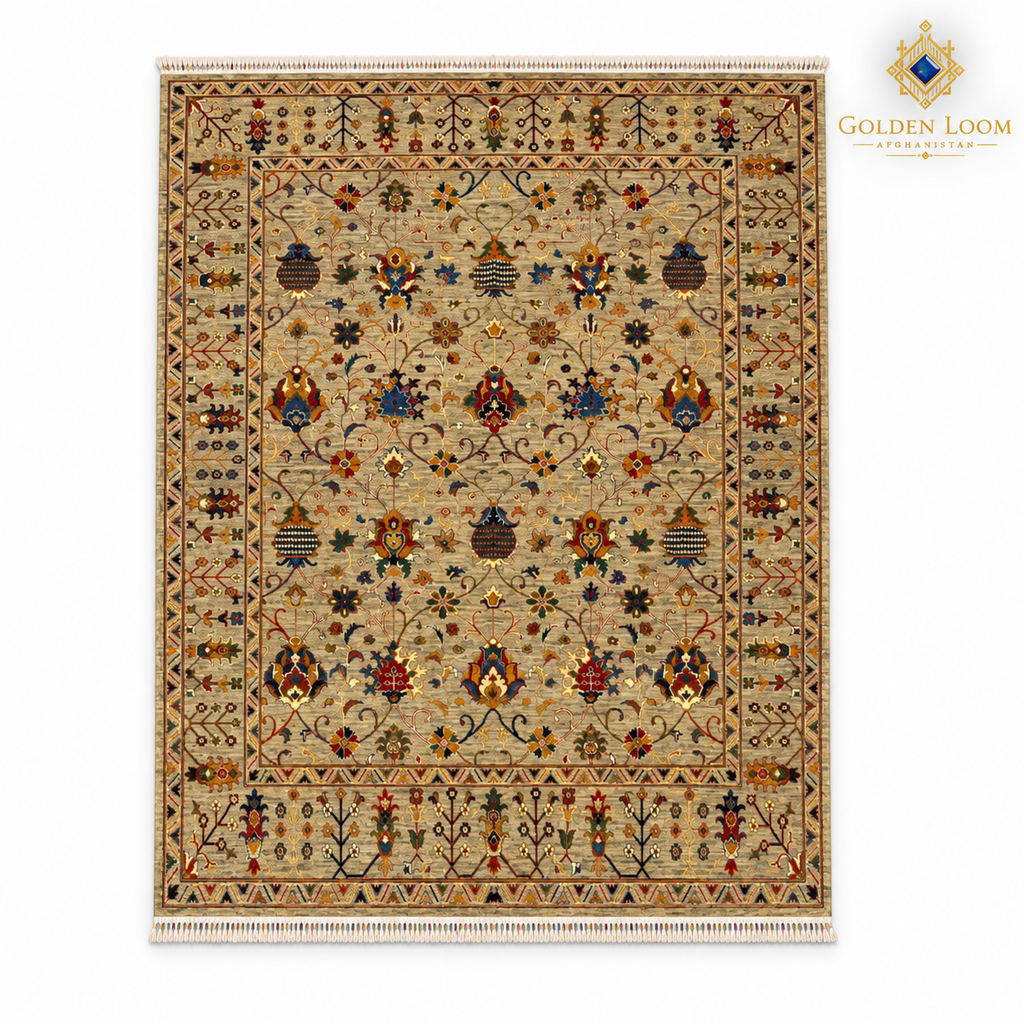 Beige Afghan carpet with multicoloured botanical motifs and fringed ends on a white background