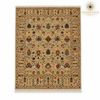 Beige Afghan carpet with multicoloured botanical motifs and fringed ends on a white background