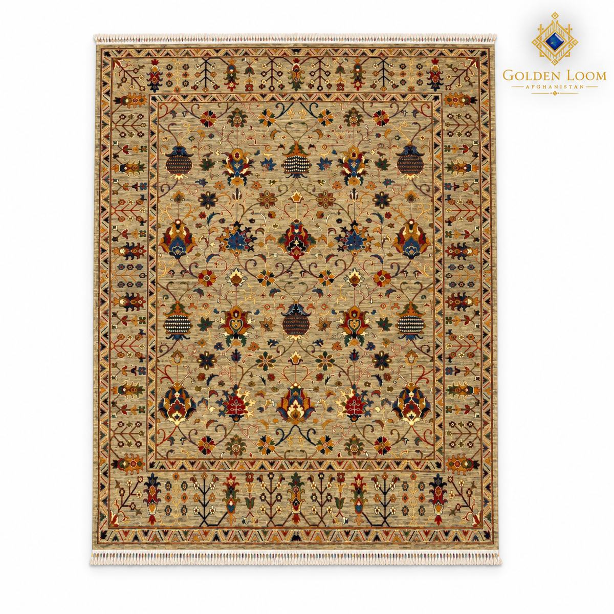 Beige Afghan carpet with multicoloured botanical motifs and fringed ends on a white background