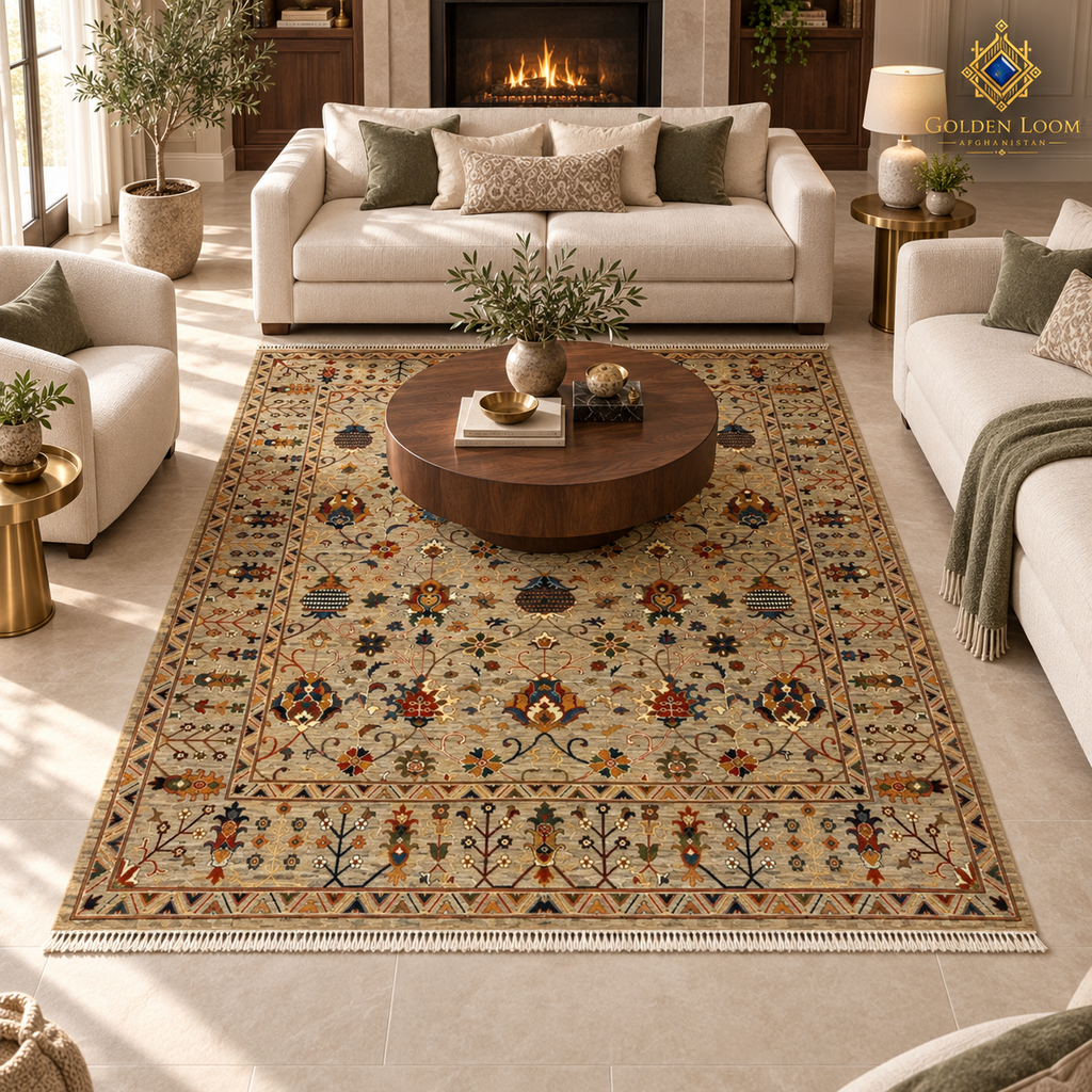 Beige floral Afghan carpet beneath a round walnut table in an elegant fireplace living room