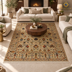 Beige floral Afghan carpet beneath a round walnut table in an elegant fireplace living room