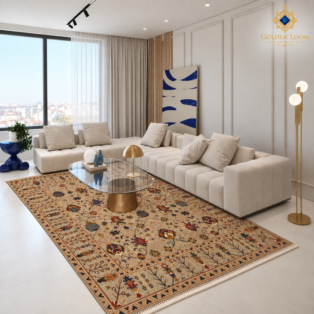 Beige botanical Afghan carpet styled beneath a glass table in a modern luxury living room