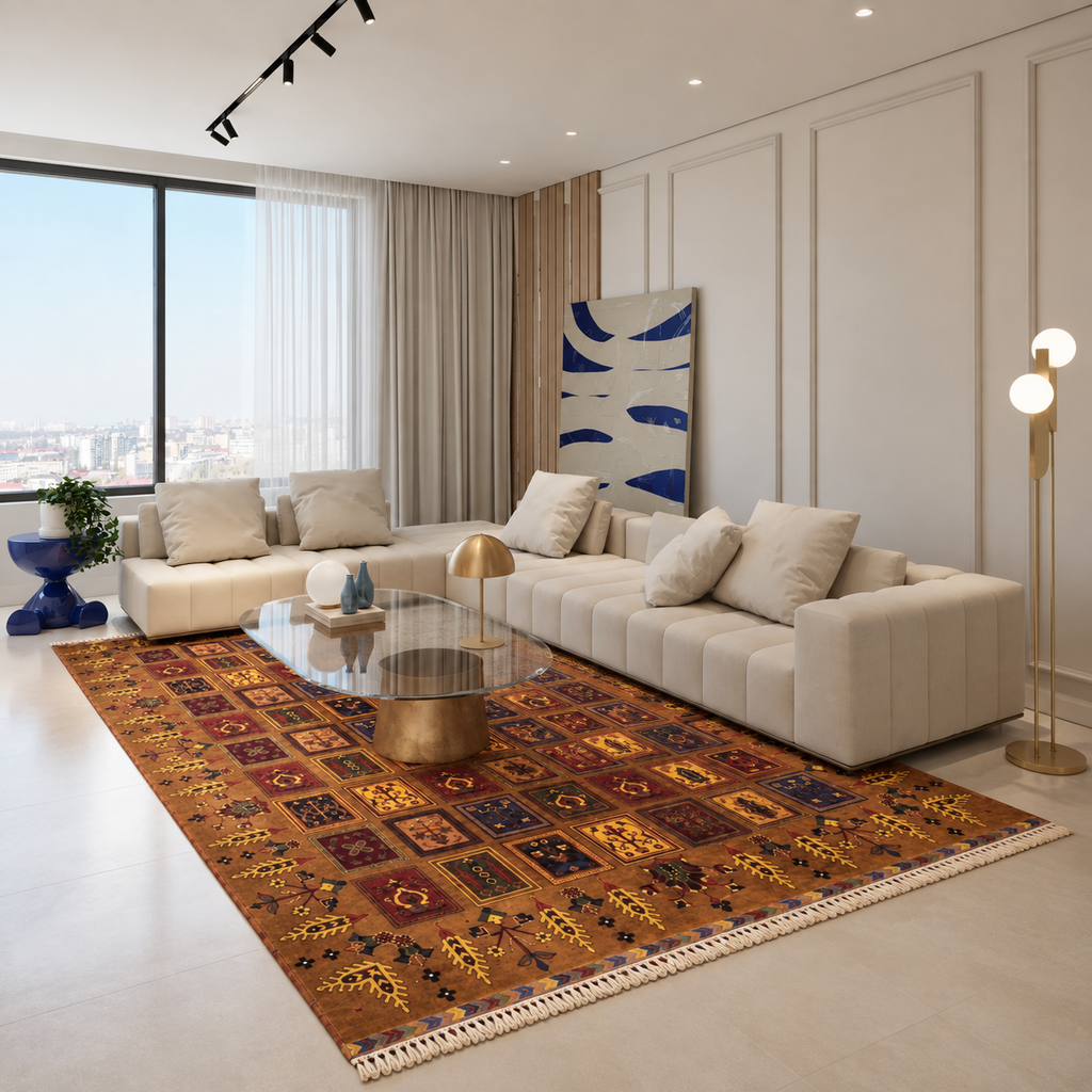 Brown hand-knotted Afghan wool carpet with colorful framed motifs in a modern luxury living room