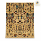 Full top view of a golden-beige Afghan carpet with an intricate tree-of-life design and fringed short ends