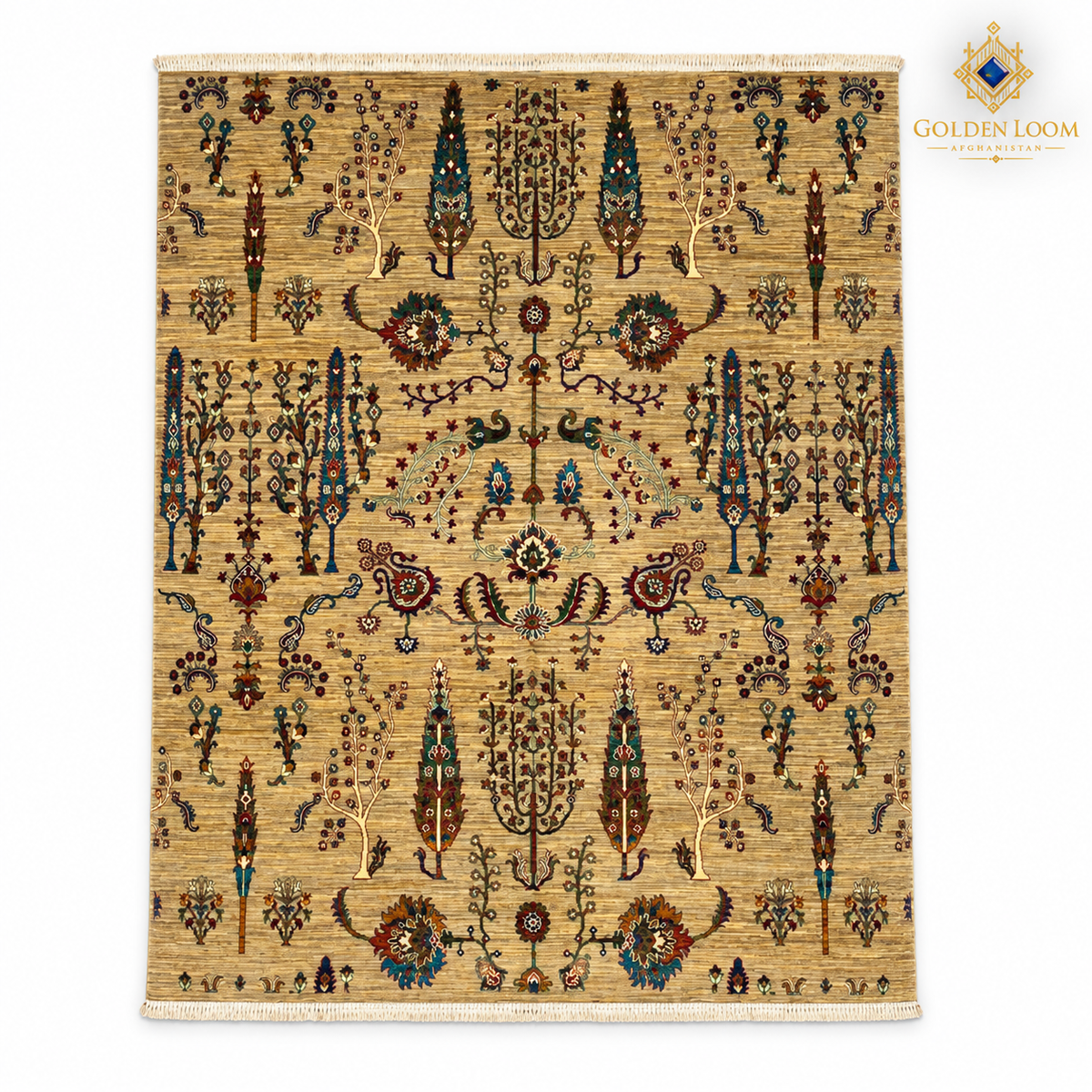 Full top view of a golden-beige Afghan carpet with an intricate tree-of-life design and fringed short ends