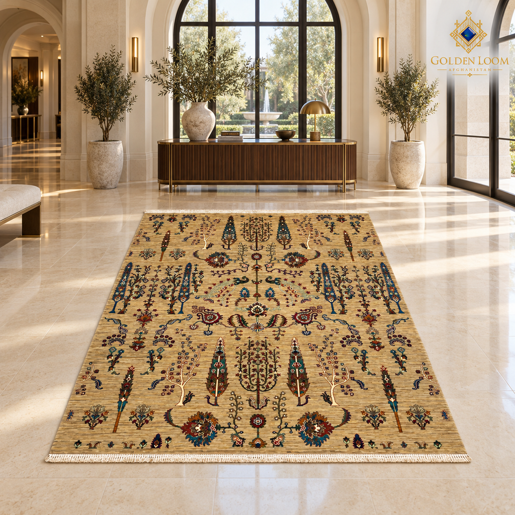 Golden-beige Afghan carpet with botanical tree motifs in a sunlit luxury hotel entrance foyer