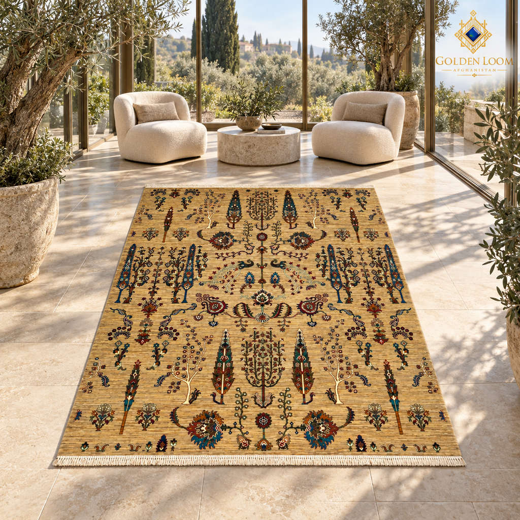 Golden-beige botanical Afghan carpet styled in a luxury glass conservatory with olive trees