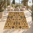 Golden-beige botanical Afghan carpet styled in a luxury glass conservatory with olive trees