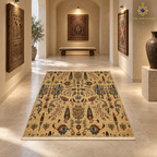 Golden-beige tree-of-life Afghan carpet displayed in an elegant private art gallery corridor