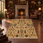 Golden-beige tree-of-life Afghan carpet displayed before a fireplace in a luxurious heritage library