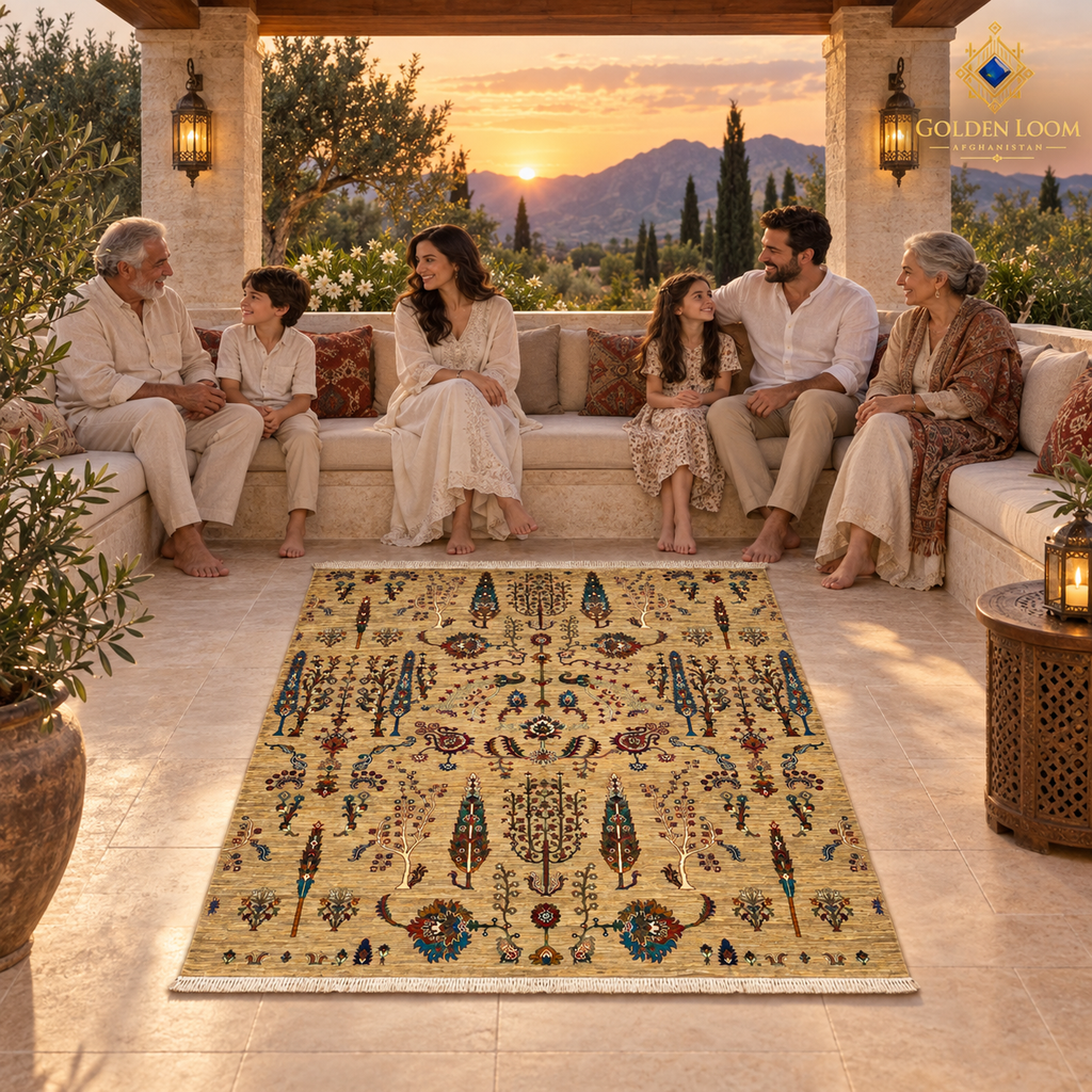Golden-beige Afghan carpet featured during a family tea gathering in an elegant courtyard