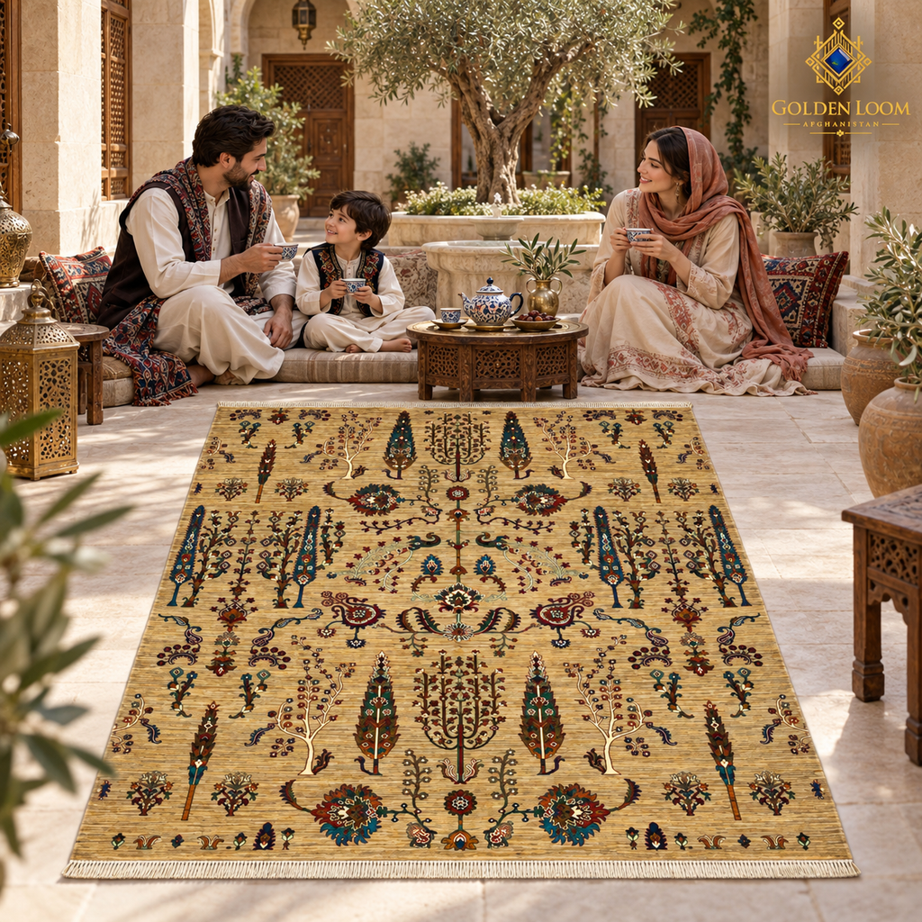 Golden-beige Afghan carpet in a luxury covered terrace with a multigenerational family at sunset
